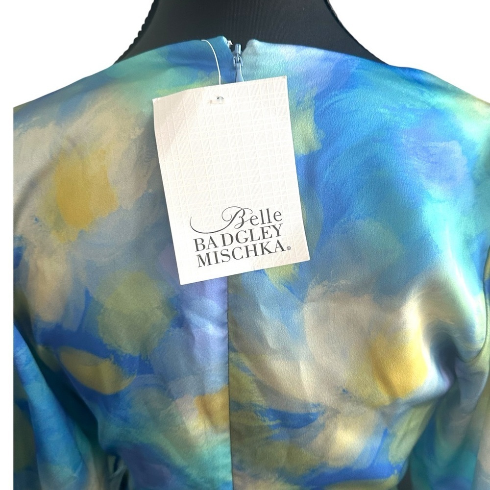 NWT Badgley Mischka Blue & Yellow Watercolor Long Sleeve Satiny Wrap Dress - Picture 2 of 10
